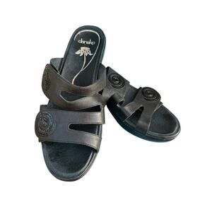 Dansko Dixie Black Leather Adjustable Strap Slide Wedge Sandals Slip On Sz 40